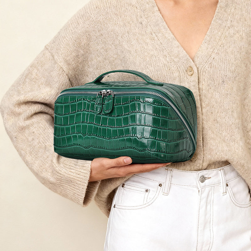 Genuine Cowhide Womens Cosmetic Bag,Crocodile Embossed Rounded Structured Handheld Large Capacity Multi Compartment Travel Toiletry Pouch