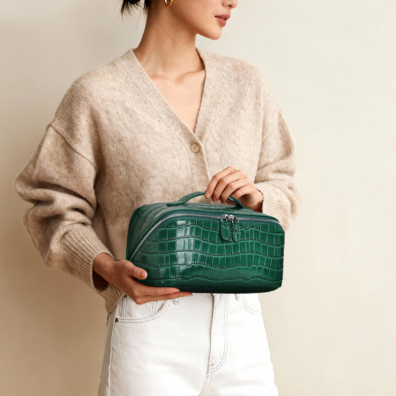 Genuine Cowhide Womens Cosmetic Bag,Crocodile Embossed Rounded Structured Handheld Large Capacity Multi Compartment Travel Toiletry Pouch