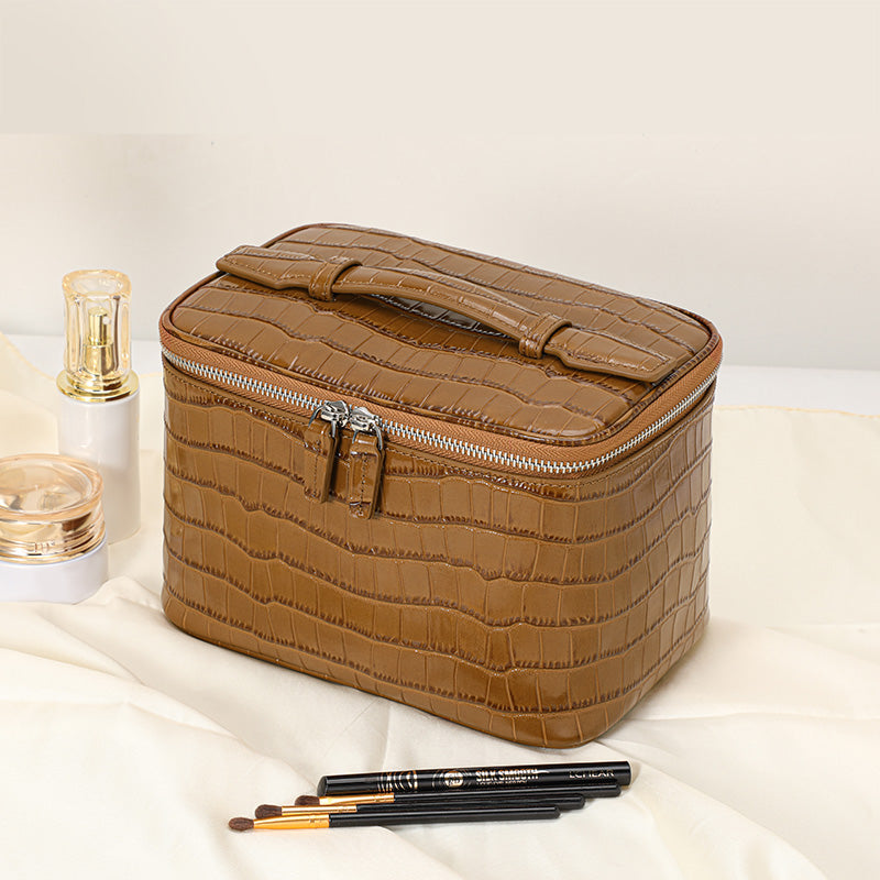 Genuine Cowhide Womens Cosmetic Case,Crocodile Embossed Structured Handheld Multi Compartment Travel Makeup Organizer