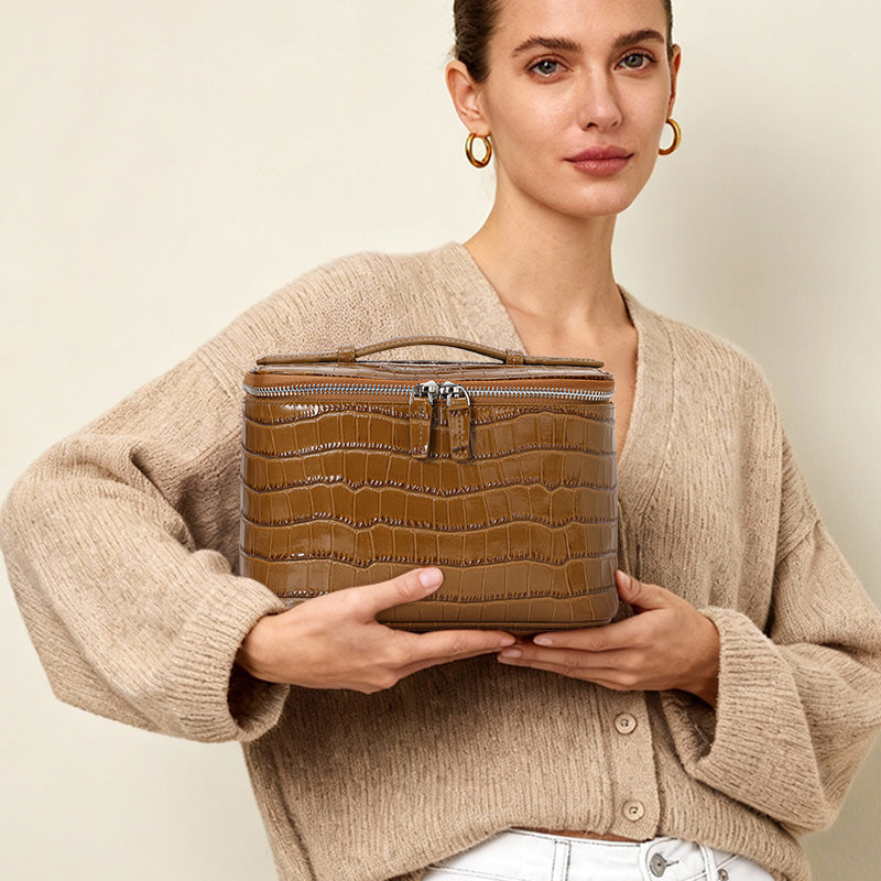 Genuine Cowhide Womens Cosmetic Case,Crocodile Embossed Structured Handheld Multi Compartment Travel Makeup Organizer