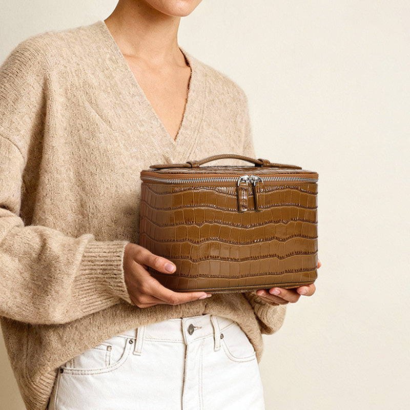 Genuine Cowhide Womens Cosmetic Case,Crocodile Embossed Structured Handheld Multi Compartment Travel Makeup Organizer