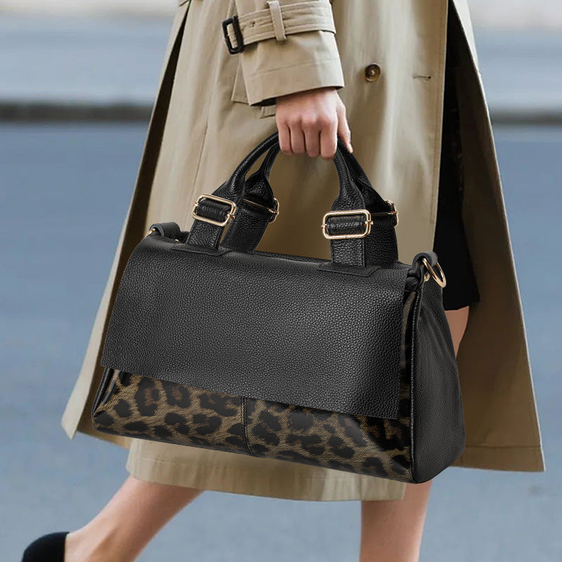 Genuine Cowhide Women Shoulder Bag,Pebble Leopard Grain Flap Pillow Handbag Adjustable Strap Multi Layer Inner Pockets
