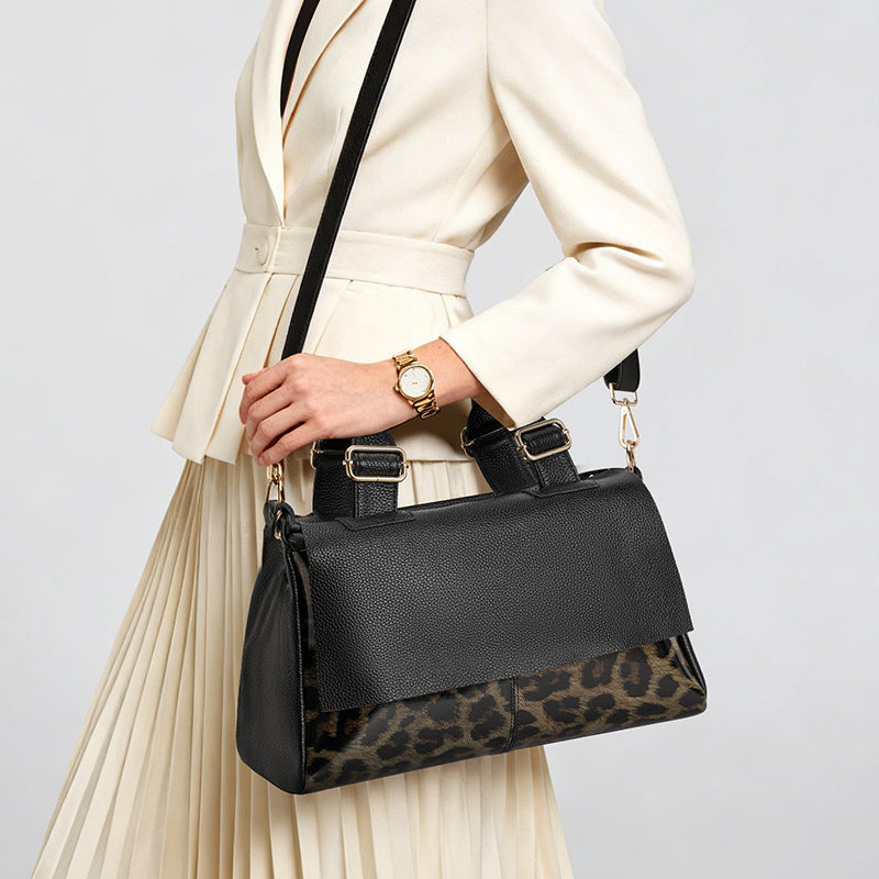 Genuine Cowhide Women Shoulder Bag,Pebble Leopard Grain Flap Pillow Handbag Adjustable Strap Multi Layer Inner Pockets