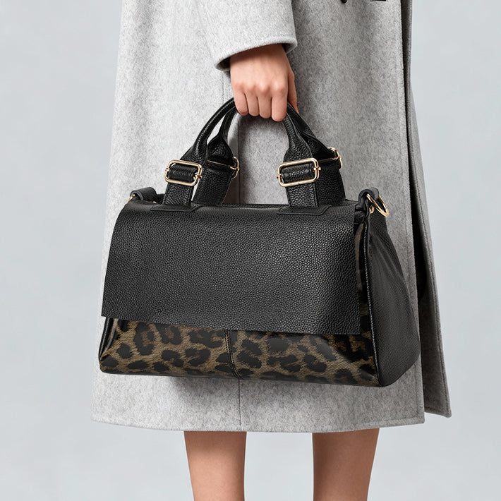 Genuine Cowhide Women Shoulder Bag,Pebble Leopard Grain Flap Pillow Handbag Adjustable Strap Multi Layer Inner Pockets