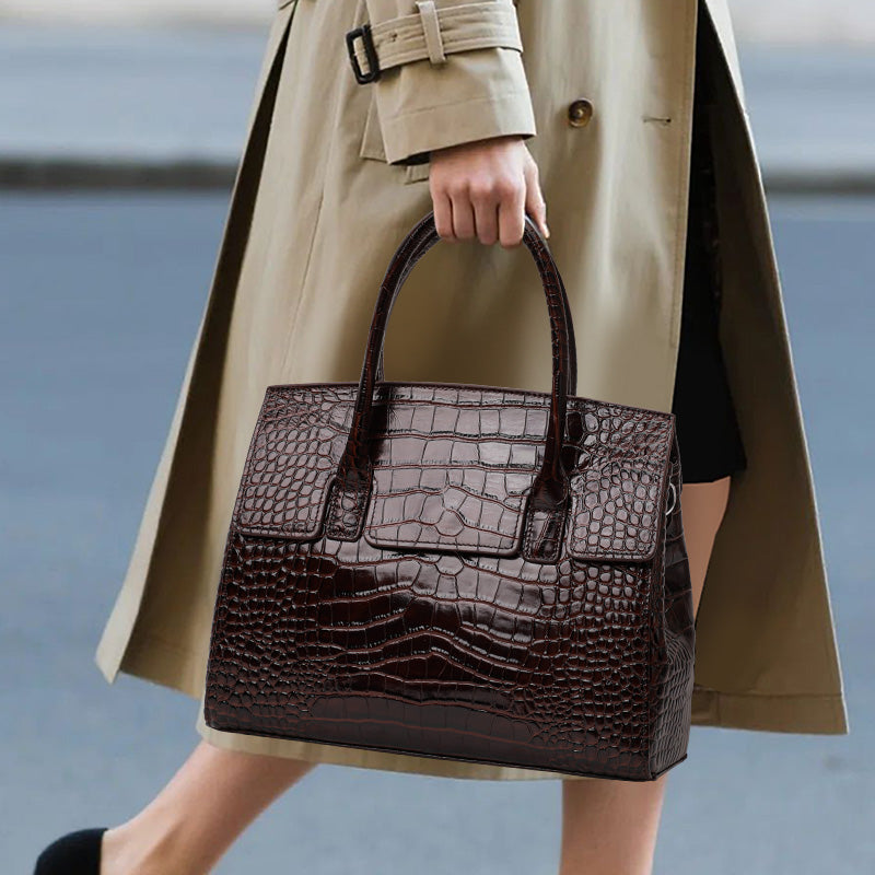 Genuine Cowhide Women Tote Bag,Glossy Crocodile Grain Structured Trapezoid Handbag Multi Compartment Internal Storage Pockets