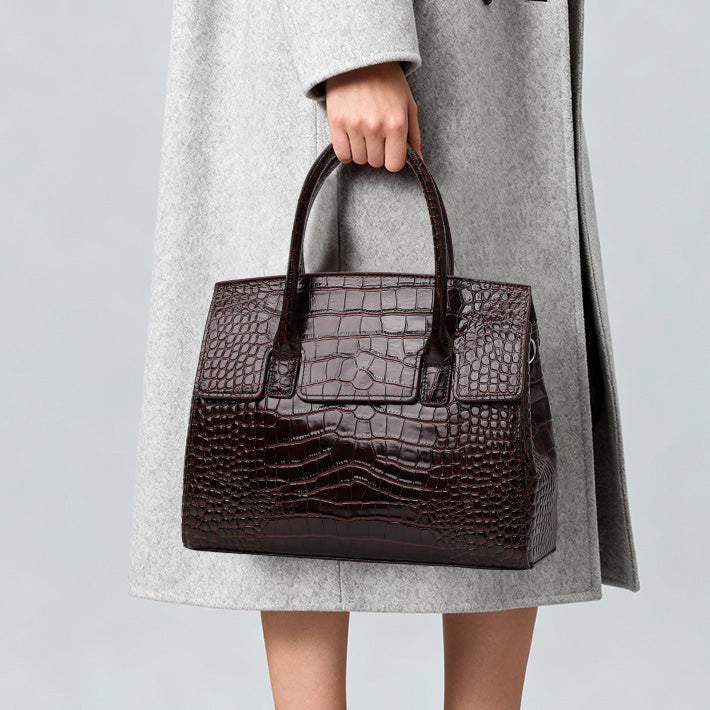 Genuine Cowhide Women Tote Bag,Glossy Crocodile Grain Structured Trapezoid Handbag Multi Compartment Internal Storage Pockets