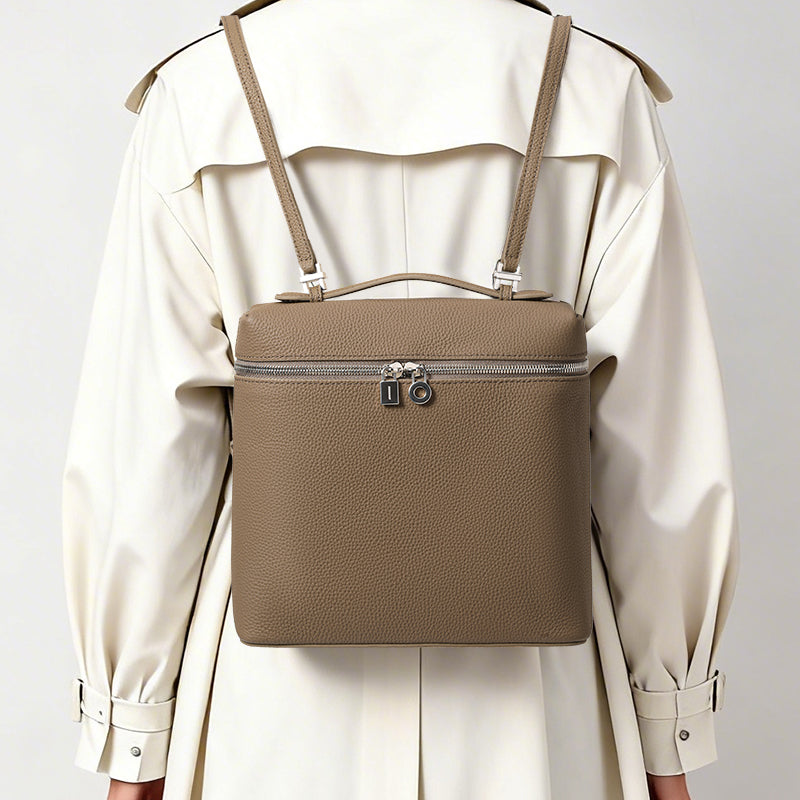 Genuine Cowhide Women Backpack,Pebbled Grain Square Box Handbag Detachable Adjustable Shoulder Straps Multi Inner Storage Pockets
