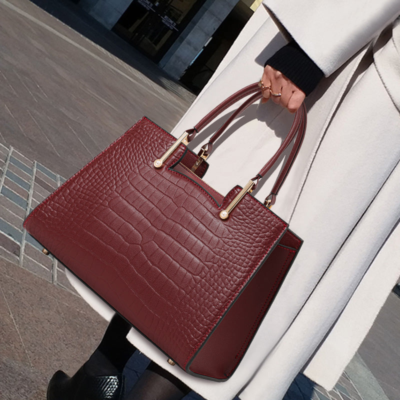 Genuine Cowhide Women Tote Bag,Crocodile Grain Trapezoid Handbag Detachable Crossbody Strap Multi Inner Pockets