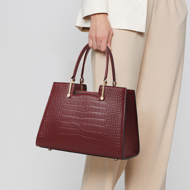 Genuine Cowhide Women Tote Bag,Crocodile Grain Trapezoid Handbag Detachable Crossbody Strap Multi Inner Pockets