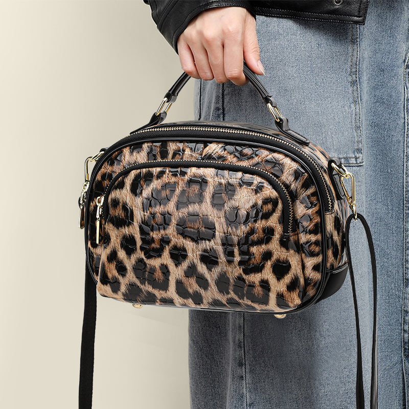Top Layer Cowhide Women Crossbody Bag,Glossy Croc Leopard Print Oval Camera Bag Wide Adjustable Strap Multi Pocket