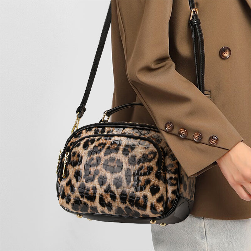 Top Layer Cowhide Women Crossbody Bag,Glossy Croc Leopard Print Oval Camera Bag Wide Adjustable Strap Multi Pocket