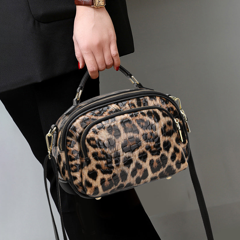 Top Layer Cowhide Women Crossbody Bag,Glossy Croc Leopard Print Oval Camera Bag Wide Adjustable Strap Multi Pocket