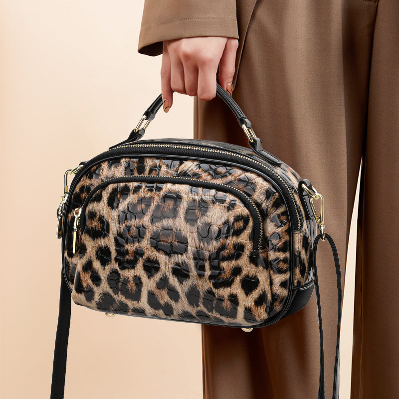 Top Layer Cowhide Women Crossbody Bag,Glossy Croc Leopard Print Oval Camera Bag Wide Adjustable Strap Multi Pocket