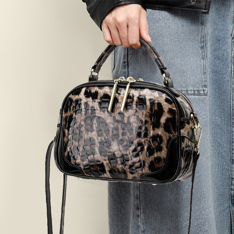 Top Layer Cowhide Women Crossbody Bag,Glossy Croc Leopard Print Mini Oval Camera Bag Adjustable Strap Multi Pocket