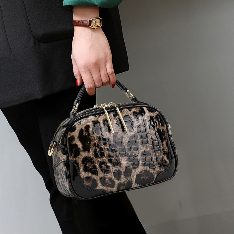 Top Layer Cowhide Women Crossbody Bag,Glossy Croc Leopard Print Mini Oval Camera Bag Adjustable Strap Multi Pocket
