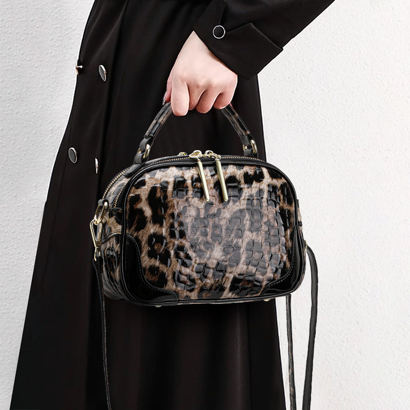 Top Layer Cowhide Women Crossbody Bag,Glossy Croc Leopard Print Mini Oval Camera Bag Adjustable Strap Multi Pocket