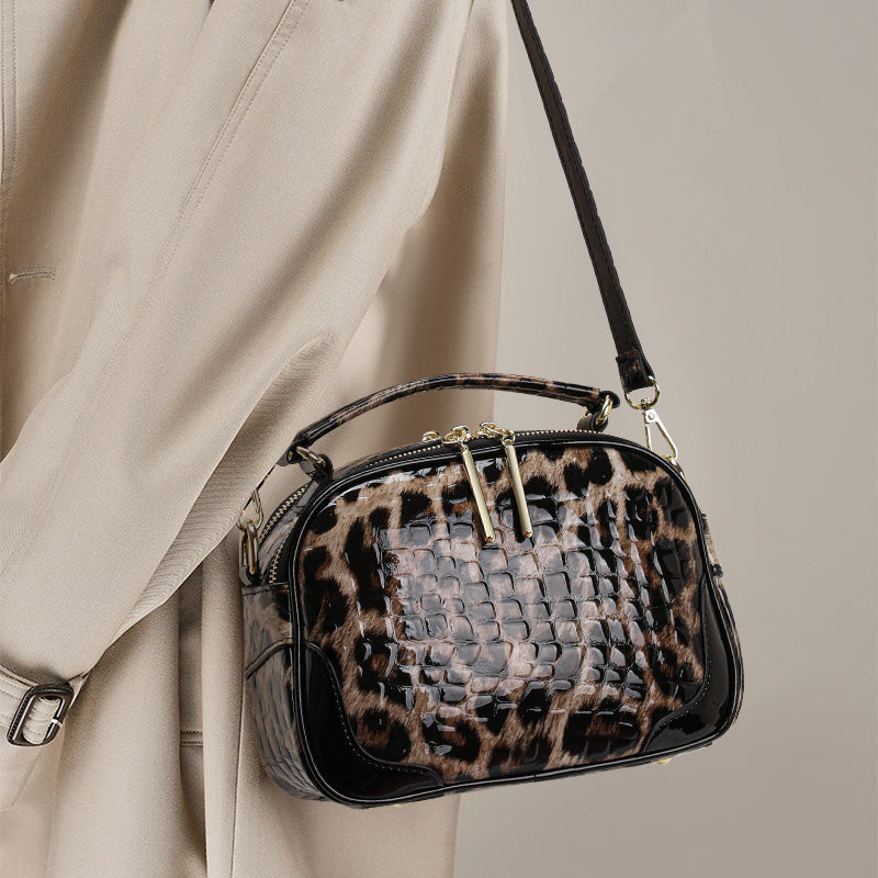 Top Layer Cowhide Women Crossbody Bag,Glossy Croc Leopard Print Mini Oval Camera Bag Adjustable Strap Multi Pocket