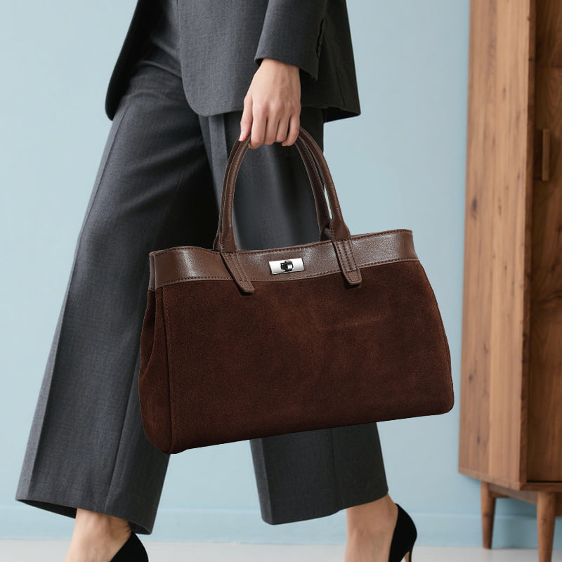 Genuine Cowhide,Suede Mix Grain,Lock Handbag,Vintage Adjustable Crossbody Bag,Hand Shoulder Carry,Daily Leisure Trip