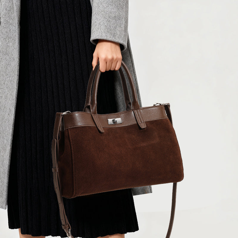 Genuine Cowhide,Suede Mix Grain,Lock Handbag,Vintage Adjustable Crossbody Bag,Hand Shoulder Carry,Daily Leisure Trip