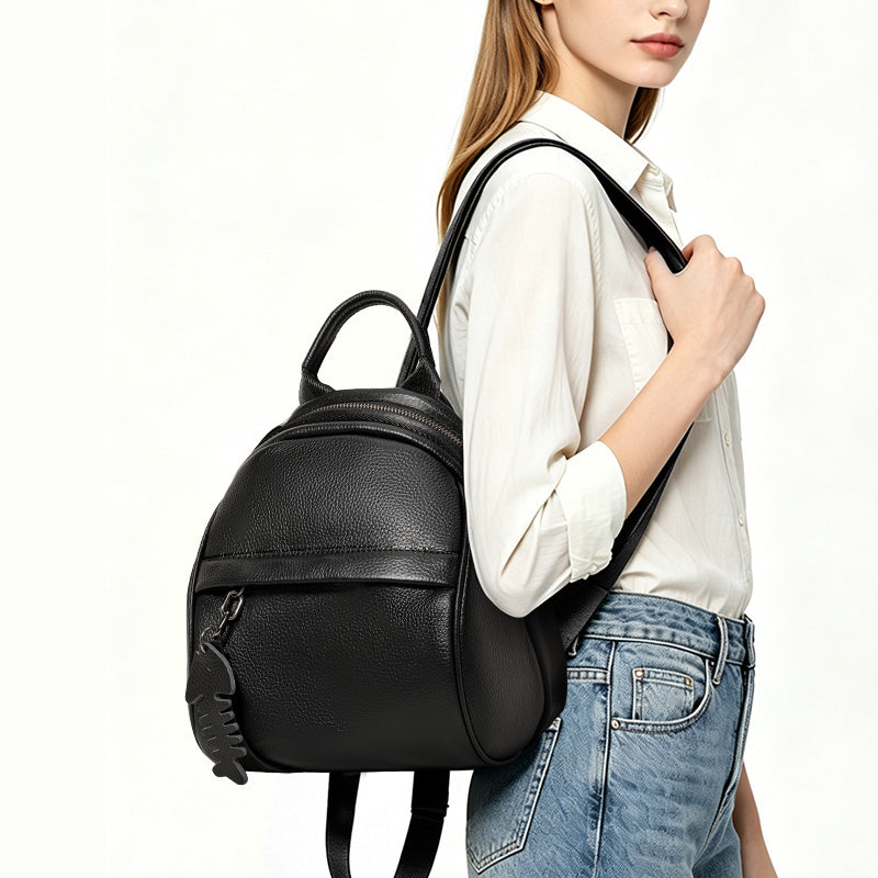 Genuine Cowhide,Pebble Grain,Mini Round Backpack,Women Anti Theft Multi Function Bag,Dual Shoulder Carry,Cross Carry,Daily Shopping,Short Trip