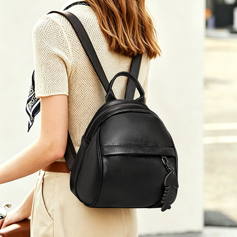 Genuine Cowhide,Pebble Grain,Mini Round Backpack,Women Anti Theft Multi Function Bag,Dual Shoulder Carry,Cross Carry,Daily Shopping,Short Trip