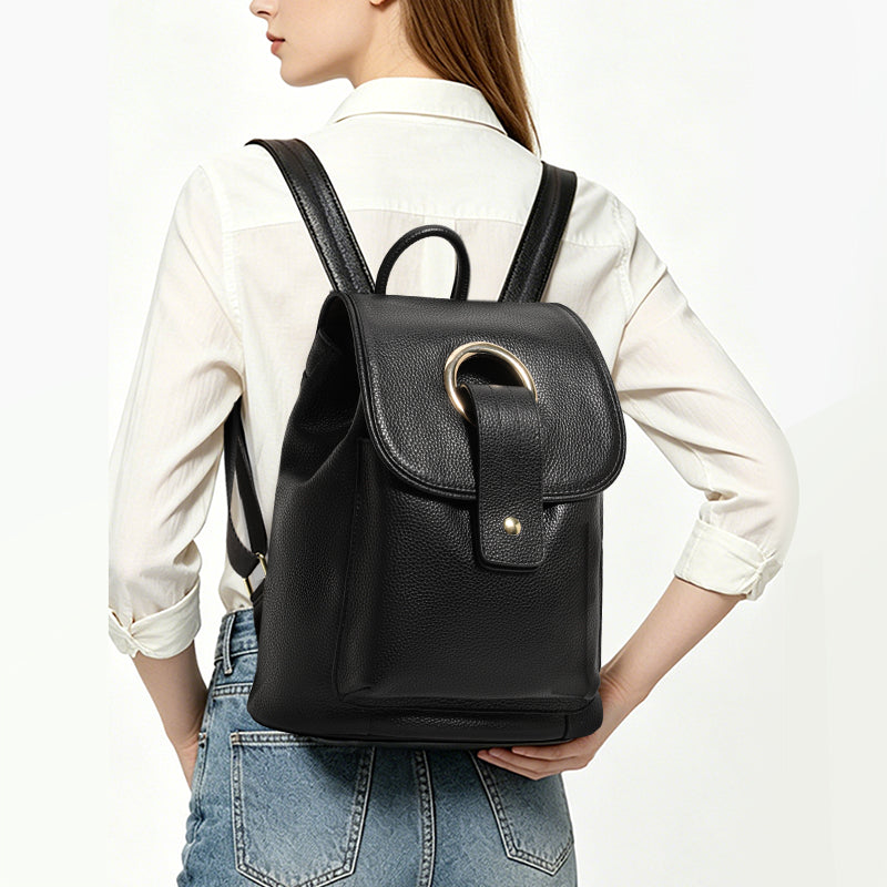 Genuine Cowhide,Pebble Grain,Flap Drawstring Backpack,Women Anti Theft Convertible Bag,Dual Shoulder Carry,Cross Carry,Daily Outing,Short Trip