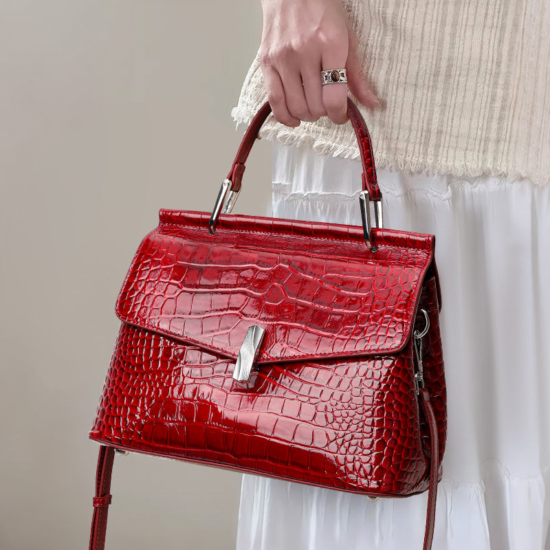 Genuine Cowhide,Glossy Crocodile Grain,Flap Handheld Bag,Vintage Women Adjustable Crossbody Bag,Hand Carry,Cross Shoulder Carry,Daily Commute,Party Trip
