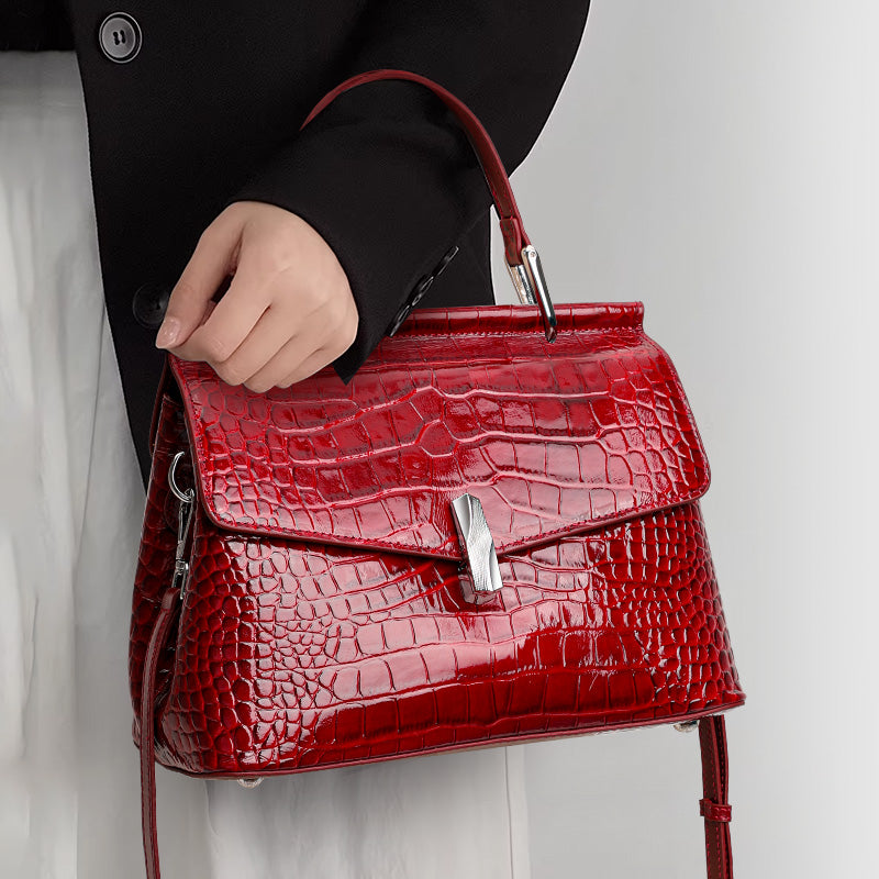Genuine Cowhide,Glossy Crocodile Grain,Flap Handheld Bag,Vintage Women Adjustable Crossbody Bag,Hand Carry,Cross Shoulder Carry,Daily Commute,Party Trip