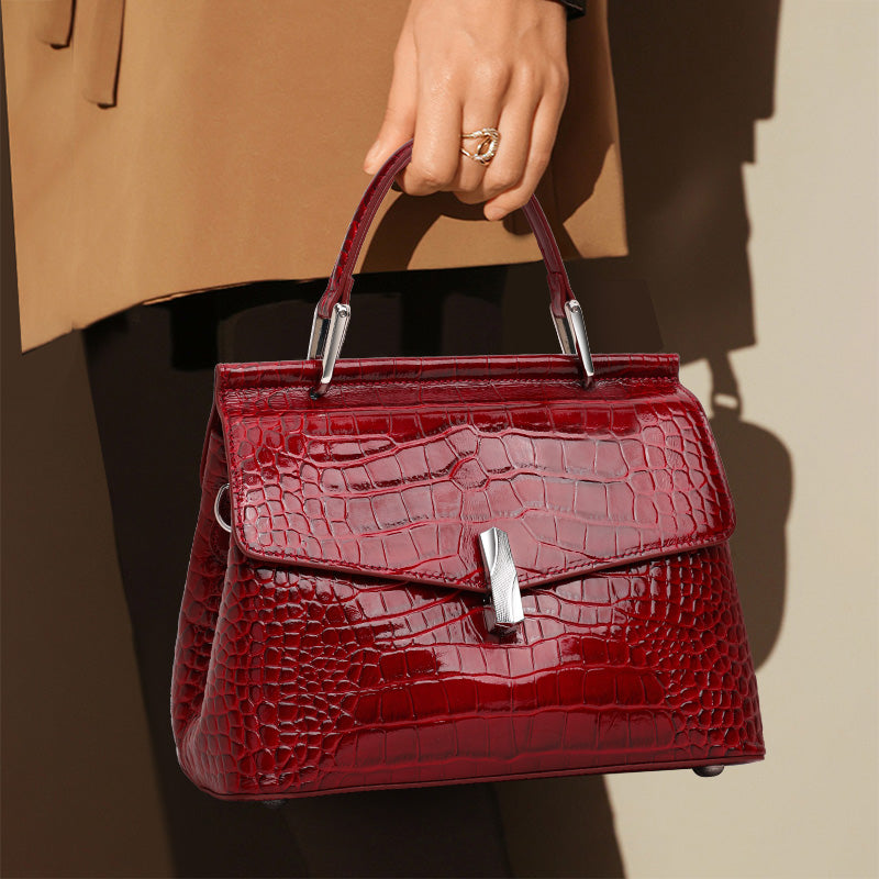 Genuine Cowhide,Glossy Crocodile Grain,Flap Handheld Bag,Vintage Women Adjustable Crossbody Bag,Hand Carry,Cross Shoulder Carry,Daily Commute,Party Trip