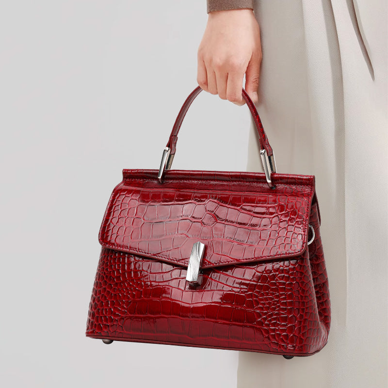 Genuine Cowhide,Glossy Crocodile Grain,Flap Handheld Bag,Vintage Women Adjustable Crossbody Bag,Hand Carry,Cross Shoulder Carry,Daily Commute,Party Trip