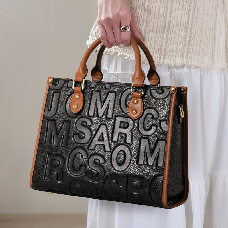 Genuine Cowhide,Embossed Pebble Grain,Color Block Square Tote,Dual Use Women Handbag,Hand Shoulder Carry,Office Travel