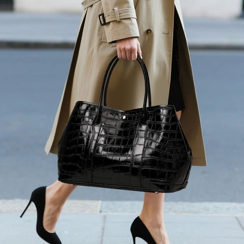 Genuine Cowhide,Glossy Crocodile Grain,Open Top Large Tote Bag,Women Lightweight Convertible Bag,Hand Carry,Shoulder Carry,Office Commute,Daily Travel