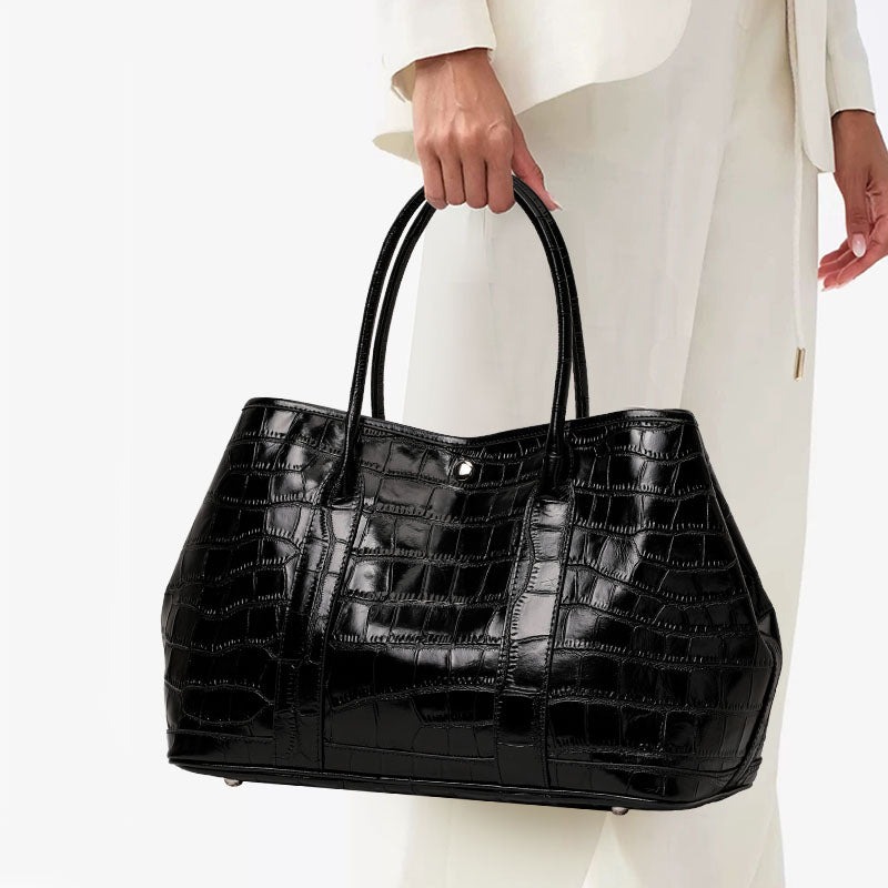 Genuine Cowhide,Glossy Crocodile Grain,Open Top Large Tote Bag,Women Lightweight Convertible Bag,Hand Carry,Shoulder Carry,Office Commute,Daily Travel