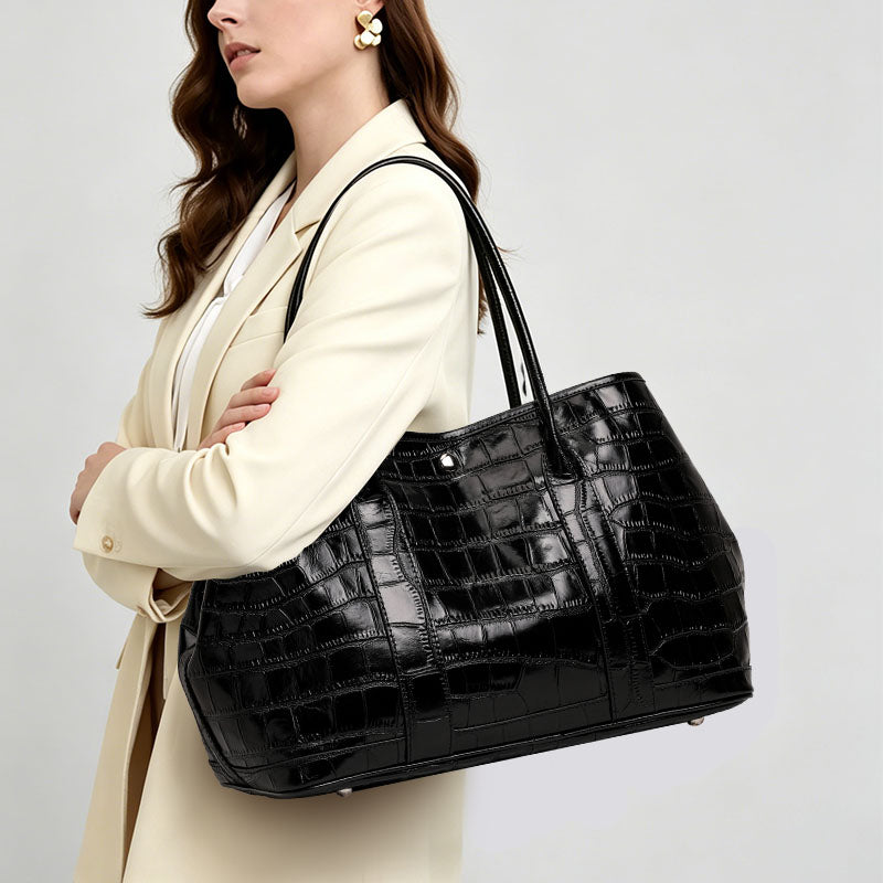 Genuine Cowhide,Glossy Crocodile Grain,Open Top Large Tote Bag,Women Lightweight Convertible Bag,Hand Carry,Shoulder Carry,Office Commute,Daily Travel