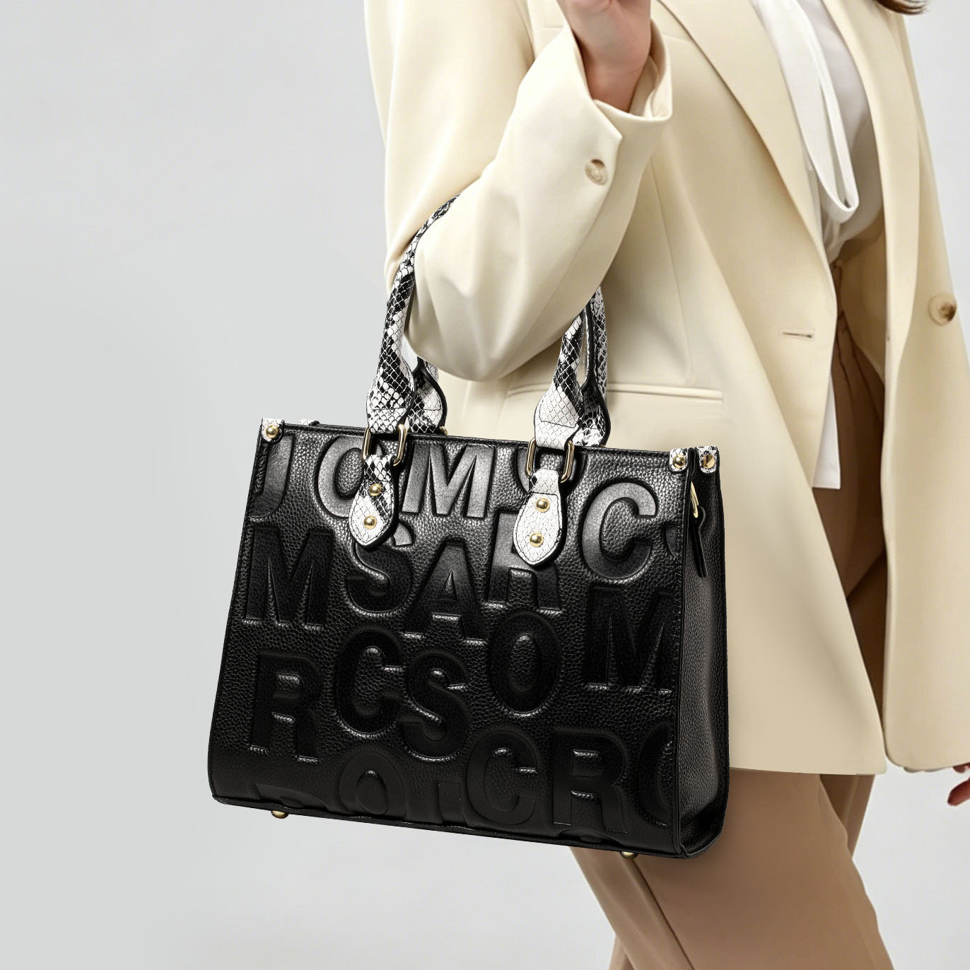 Genuine Cowhide,Embossed Letter Pebble Grain,Square Tote Bag,Women Convertible Work Bag,Hand Carry,Cross Shoulder Carry,Office Commute,Short Travel