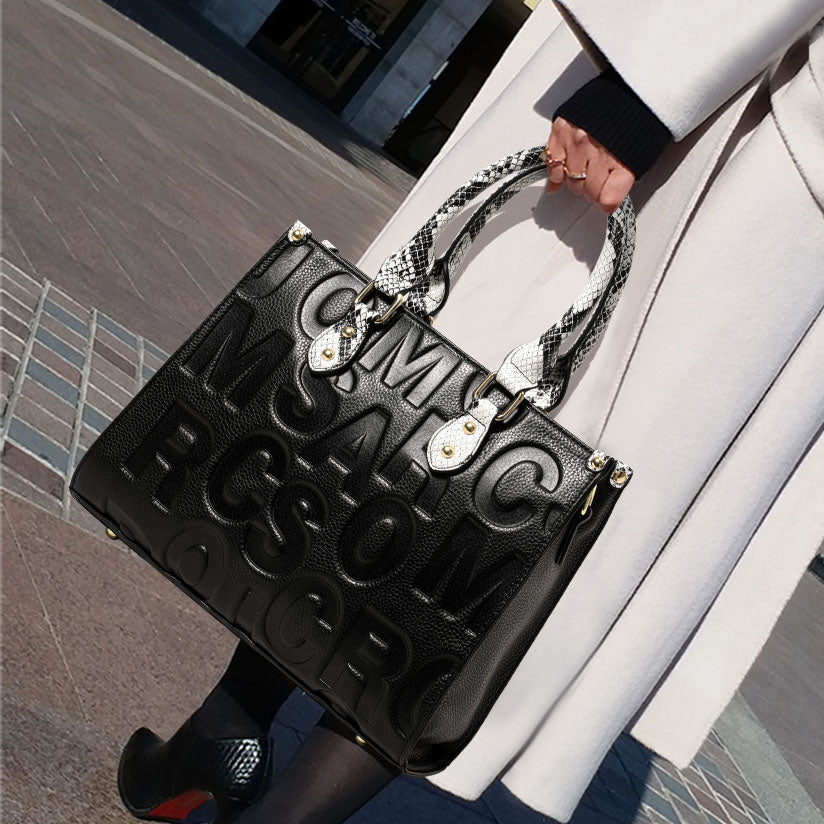 Genuine Cowhide,Embossed Letter Pebble Grain,Square Tote Bag,Women Convertible Work Bag,Hand Carry,Cross Shoulder Carry,Office Commute,Short Travel