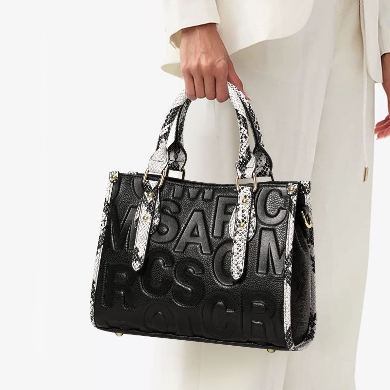 Genuine Cowhide,Embossed Letter Pebble Grain,Rectangle Tote Bag,Women Convertible Handbag,Hand Carry,Cross Shoulder Carry,Daily Commute,Business Trip