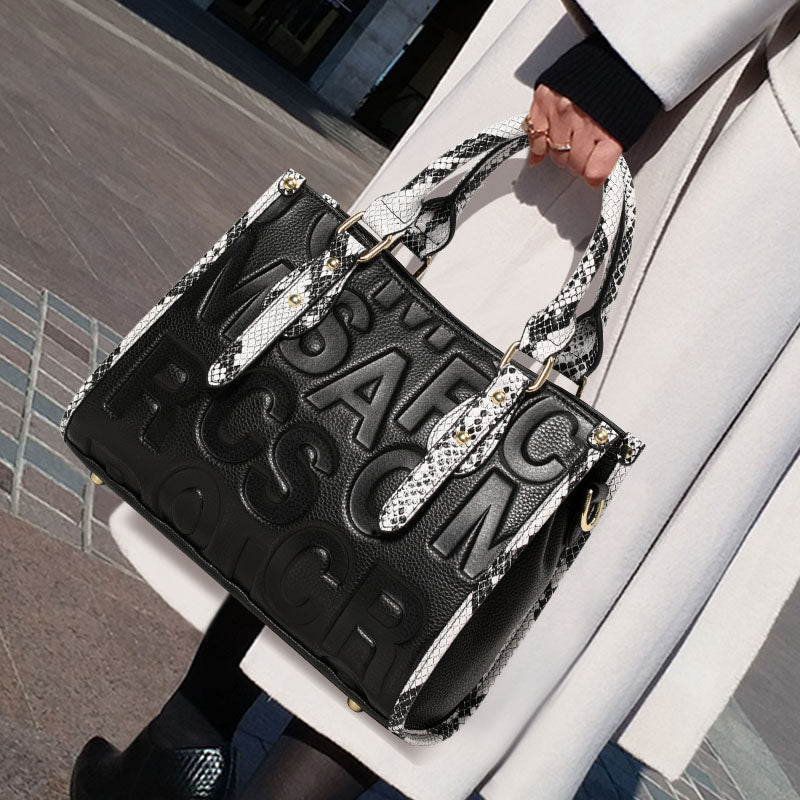 Genuine Cowhide,Embossed Letter Pebble Grain,Rectangle Tote Bag,Women Convertible Handbag,Hand Carry,Cross Shoulder Carry,Daily Commute,Business Trip