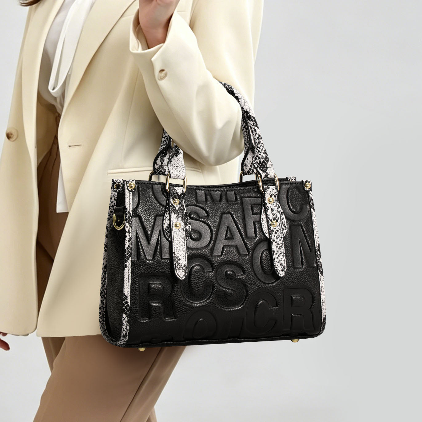 Genuine Cowhide,Embossed Letter Pebble Grain,Rectangle Tote Bag,Women Convertible Handbag,Hand Carry,Cross Shoulder Carry,Daily Commute,Business Trip