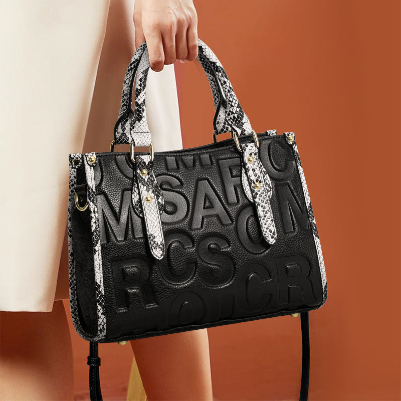 Genuine Cowhide,Embossed Letter Pebble Grain,Rectangle Tote Bag,Women Convertible Handbag,Hand Carry,Cross Shoulder Carry,Daily Commute,Business Trip