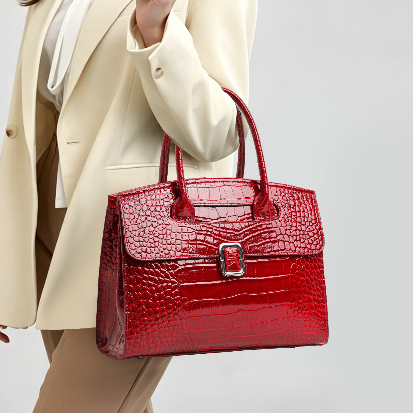 Genuine Cowhide,Glossy Crocodile Grain,Flap Tote Bag,Women Convertible Work Bag,Hand Carry,Cross Shoulder Carry,Office Commute,Business Trip
