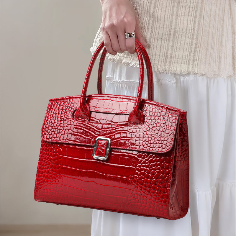 Genuine Cowhide,Glossy Crocodile Grain,Flap Tote Bag,Women Convertible Work Bag,Hand Carry,Cross Shoulder Carry,Office Commute,Business Trip