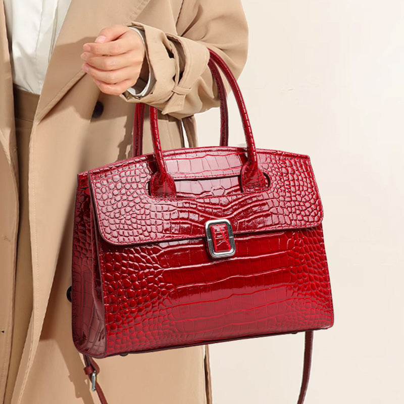 Genuine Cowhide,Glossy Crocodile Grain,Flap Tote Bag,Women Convertible Work Bag,Hand Carry,Cross Shoulder Carry,Office Commute,Business Trip