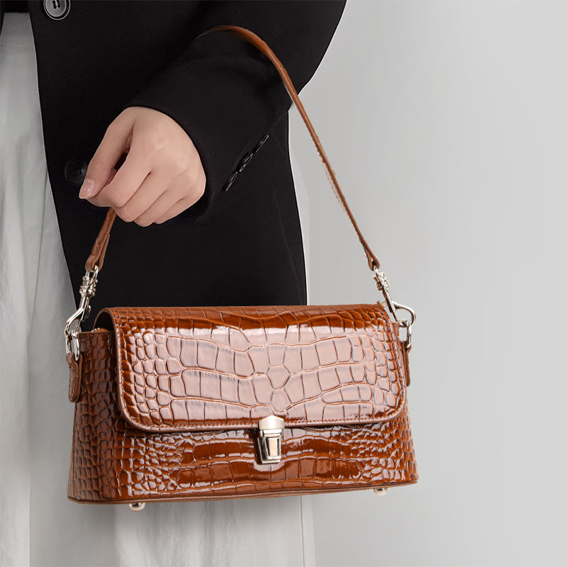 Genuine Cowhide,Glossy Crocodile Grain,Flap Underarm Bag,Vintage Adjustable Crossbody Bag,Single Cross Carry,Daily Leisure Travel