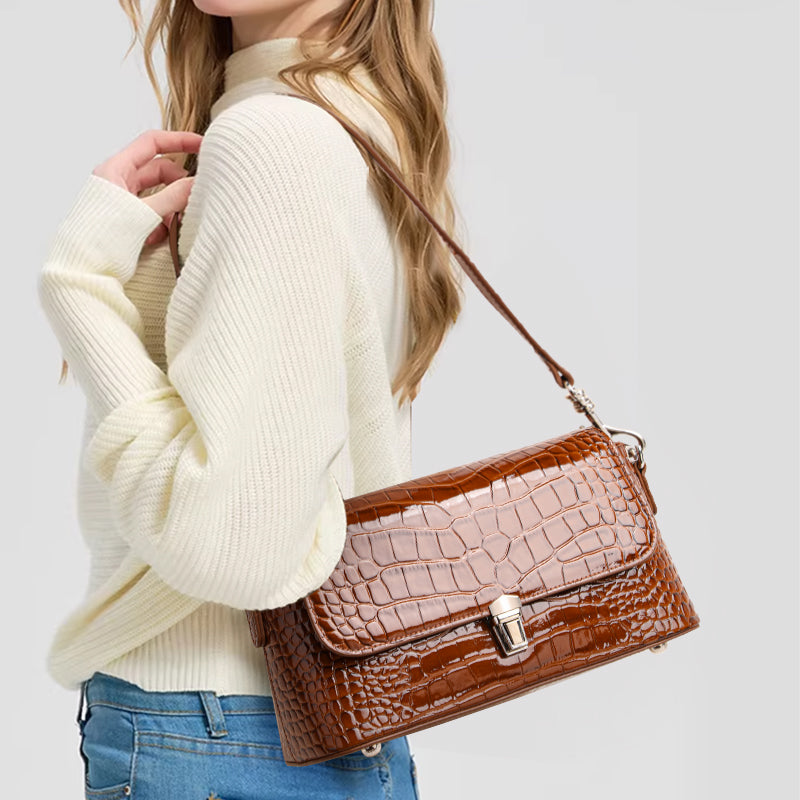 Genuine Cowhide,Glossy Crocodile Grain,Flap Underarm Bag,Vintage Adjustable Crossbody Bag,Single Cross Carry,Daily Leisure Travel