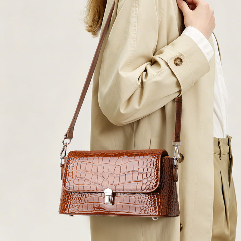 Genuine Cowhide,Glossy Crocodile Grain,Flap Underarm Bag,Vintage Adjustable Crossbody Bag,Single Cross Carry,Daily Leisure Travel