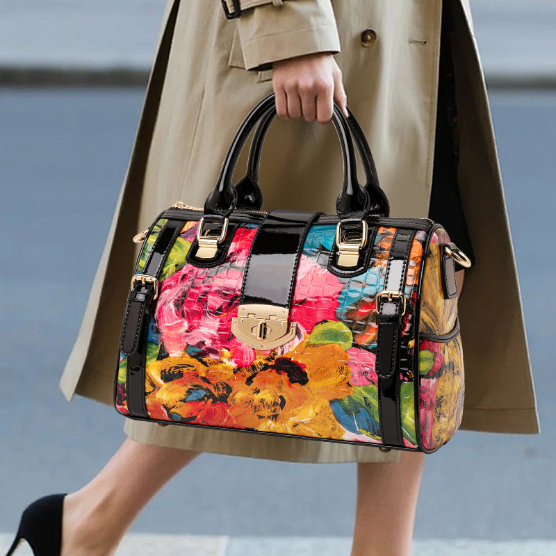Genuine Cowhide,Glossy Floral Crocodile Grain,Cylinder Handheld Bag,Art Floral Women Convertible Bag,Hand Carry,Cross Shoulder Carry,Daily Commute,Party Travel