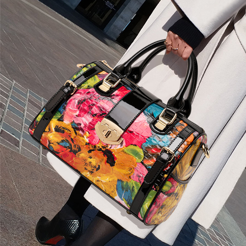 Genuine Cowhide,Glossy Floral Crocodile Grain,Cylinder Handheld Bag,Art Floral Women Convertible Bag,Hand Carry,Cross Shoulder Carry,Daily Commute,Party Travel
