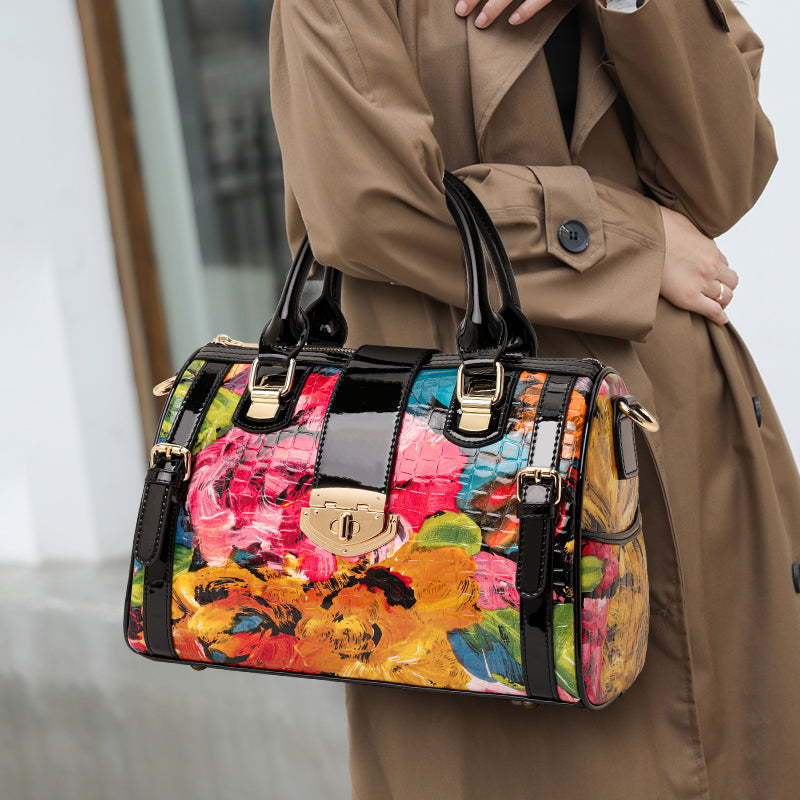 Genuine Cowhide,Glossy Floral Crocodile Grain,Cylinder Handheld Bag,Art Floral Women Convertible Bag,Hand Carry,Cross Shoulder Carry,Daily Commute,Party Travel