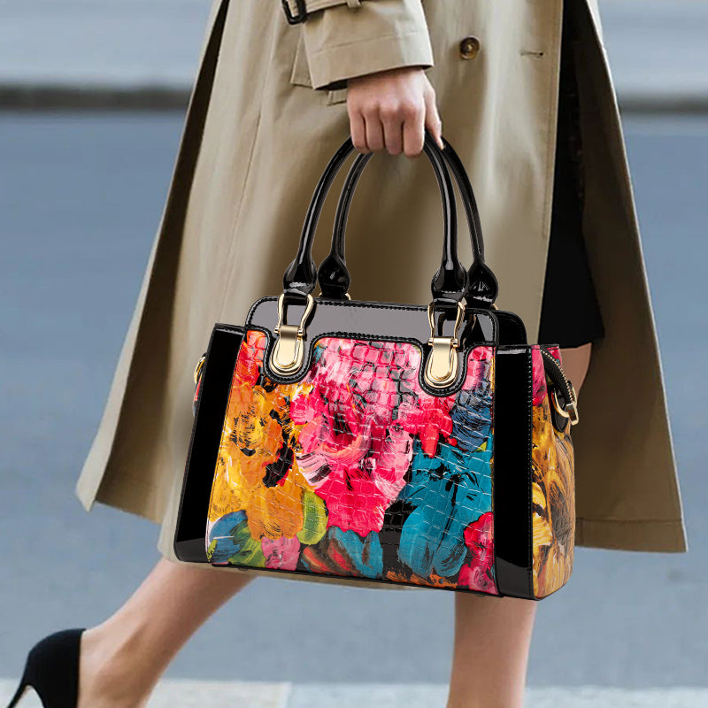 Genuine Cowhide,Glossy Floral Crocodile Grain,Top Handle Satchel Bag,Art Print Women Convertible Handbag,Hand Carry,Cross Shoulder Carry,Daily Commute,Party Travel